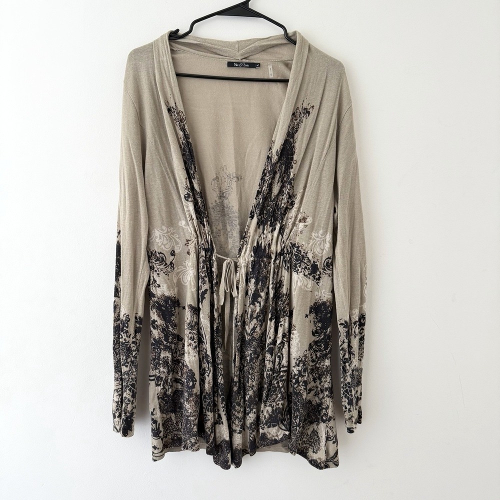 Nic + Zoe Cardigan L Beige Black Graphic Silk Linen Tie Waist Fairy Grunge Indie